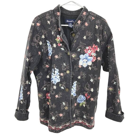 Denim & Co Womens Floral Embroidered Gray Boho Collared Jacket Size L - Picture 1 of 8